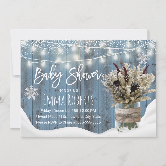 Rustic Floral Jar Dusty Blue Winter Baby Shower Invitation (Front)