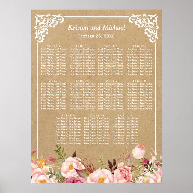 Rustic Floral Kraft Look | Wedding Seating Chart (Front)