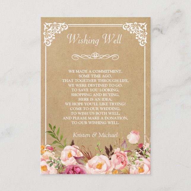 Rustic Floral Kraft Wedding Wishing Well Enclosure Card (Front)