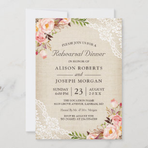 Rustic Floral Lace Burlap Wedding Rehearsal Dinner Invitation