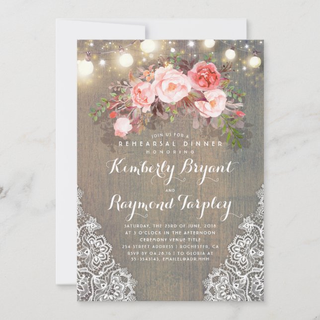 Rustic Floral Lace Lights Wood Rehearsal Dinner Invitation (Front)