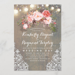 Rustic Floral Lace String Lights and Wood Wedding Invitation