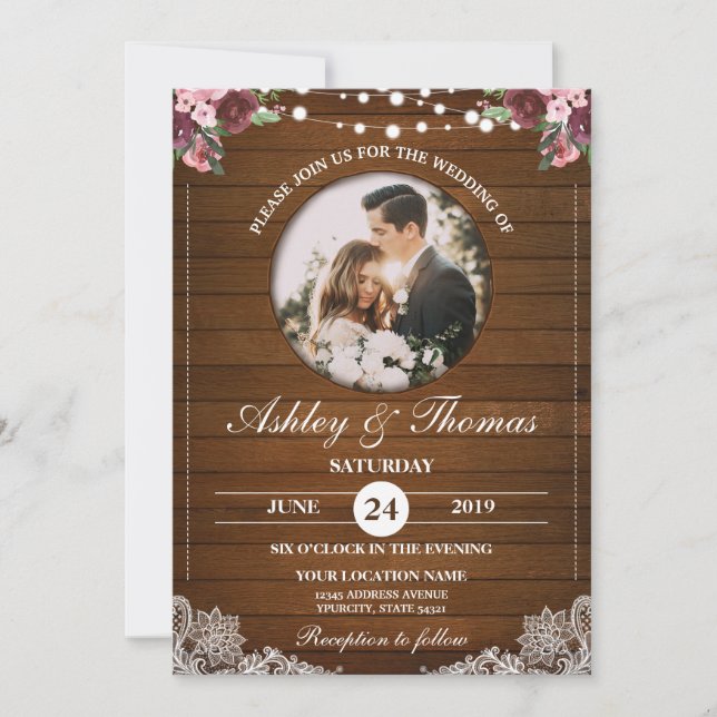 Rustic Floral Lace Wedding Wood Photo Personalise Invitation (Front)