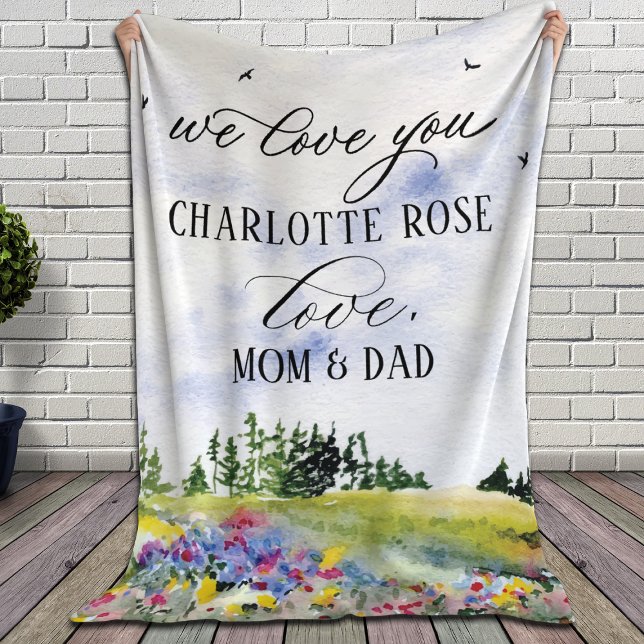 Rustic Floral Landscape Custom "We Love You" Quote Fleece Blanket (Creator Uploaded)