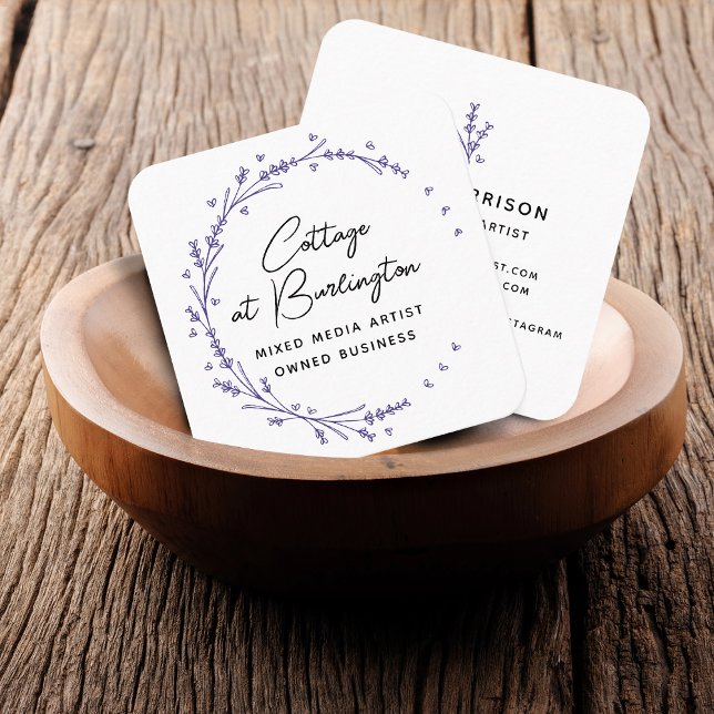 Rustic Floral Lavender Hearts Wreath Square Business Card (Rustic Floral Lavender Hearts Wreath Square Business Card)