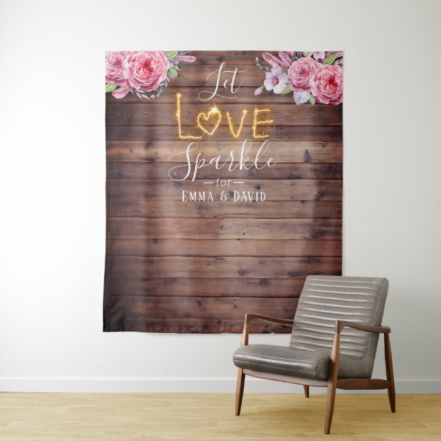 Rustic Floral Let Love Sparkle Wedding Backdrop Tapestry (In Situ)