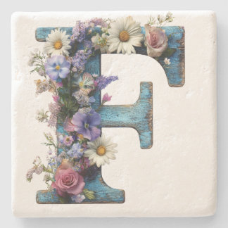Rustic Floral Letter F Botanical Monogram Stone Coaster