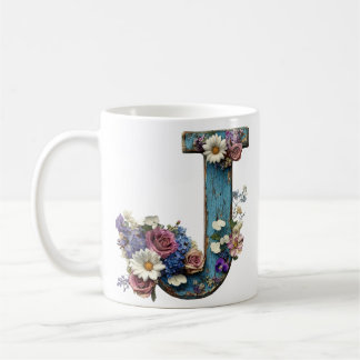 Rustic Floral Letter J Vintage Coffee Mug