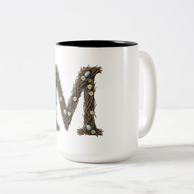 Rustic Floral Letter M Mug, Cute Egg-cellent Two-Tone Coffee Mug (Front Right)