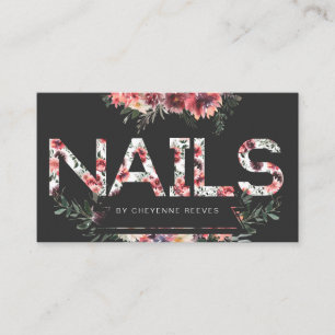 Rustic Floral Lettering on Black   Nails Business Card
