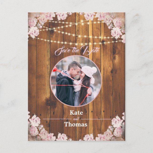Rustic Floral Light String Wood Save the Date Card (Front)