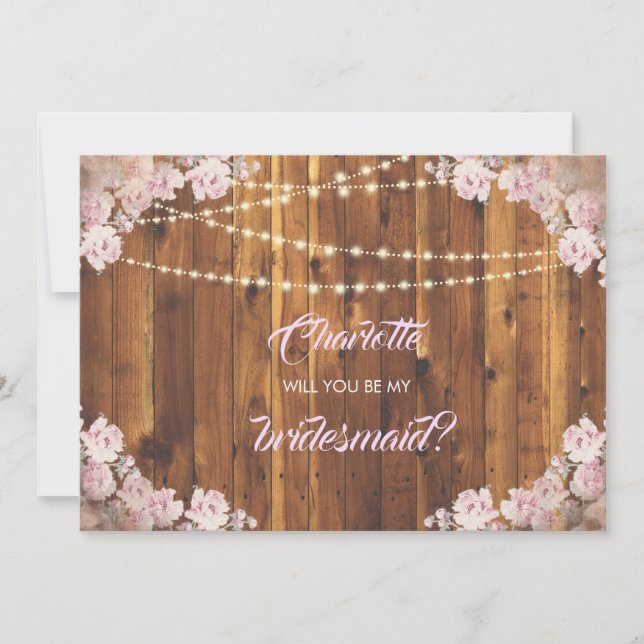 Rustic Floral Light Strings Wooden Bridesmaid Card (Front)