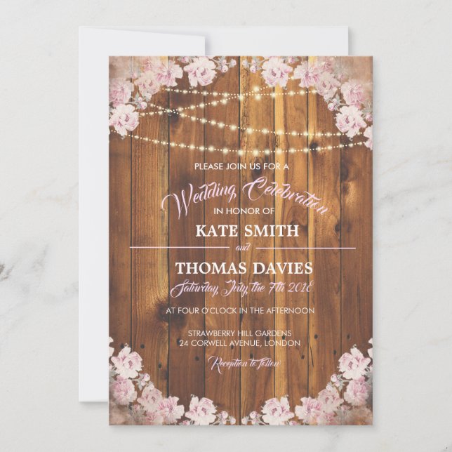 Rustic Floral Light Strings Wooden Wedding Invite (Front)