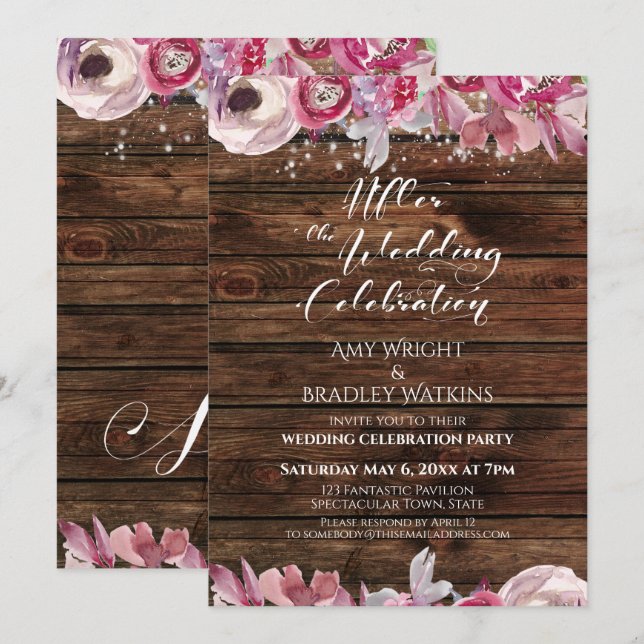 Rustic Floral Lights After the Wedding Celebration Invitation (Front/Back)
