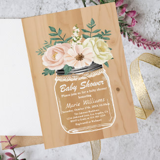 Rustic Floral Mason Jar | Burlap Lace Baby Shower Invitation