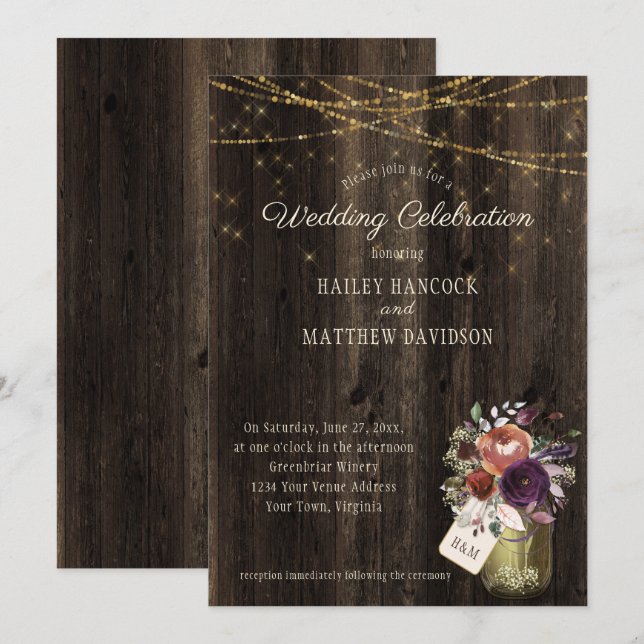 Rustic Floral Mason Jar Gold String Lights Wedding Invitation (Front/Back)