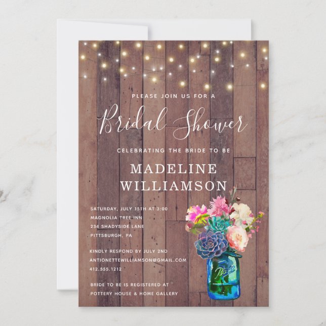 Rustic Floral Mason Jar & Lights Bridal Shower  Invitation (Front)