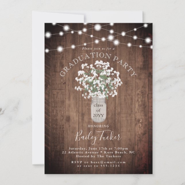 Rustic Floral Mason Jar Lights Graduation Party Invitation (Front)
