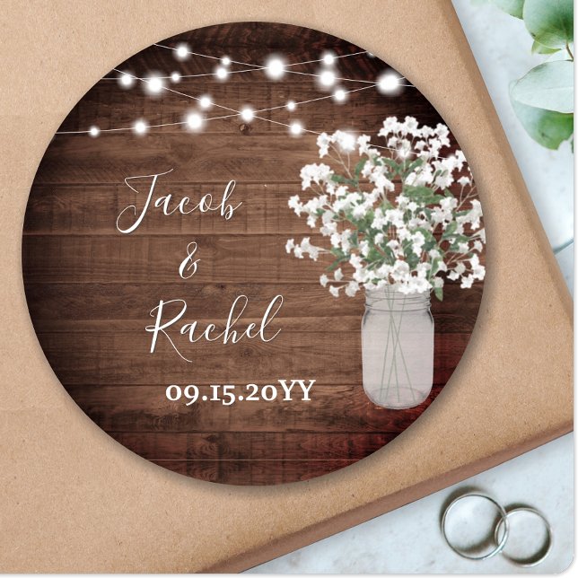 Rustic Floral Mason Jar & Lights Wedding Classic Round Sticker (Creator Uploaded)