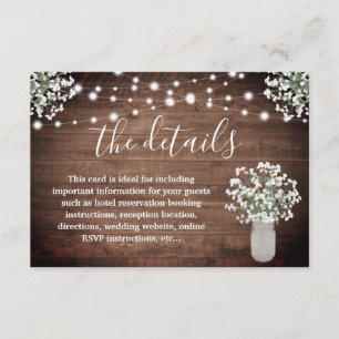 Rustic Floral Mason Jar Lights Wedding Details Enclosure Card