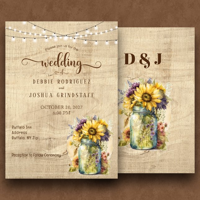 Rustic Floral Mason Jar on Wood Wedding Invitation (Creator Uploaded)