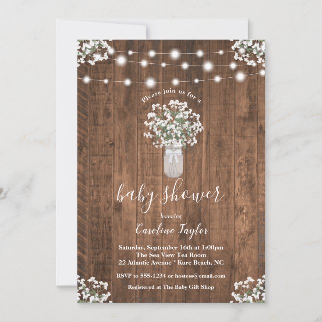Rustic Floral Mason Jar String Light Baby Shower Invitation (Front)