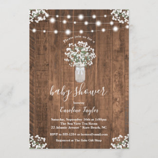 Rustic Floral Mason Jar String Light Baby Shower Invitation