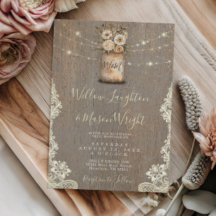 Rustic Floral Mason Jar String Lights Wood Wedding Invitation