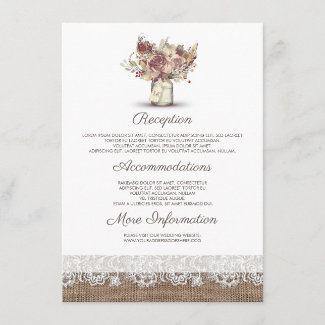 Rustic Floral Mason Jar Wedding Information Guest Enclosure Card (Front)