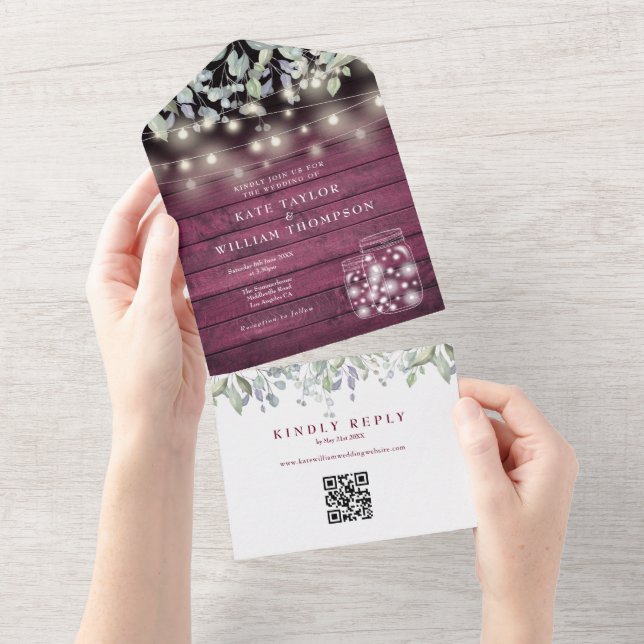Rustic Floral Mason Jars Lights QR Code Wedding All In One Invitation (Tearaway)