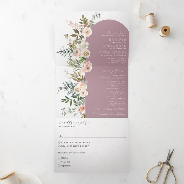 Rustic Floral Mauve All in One Wedding Tri-Fold Invitation (Inside)