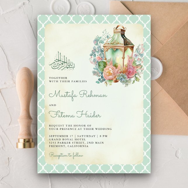 Rustic Floral Mint Green Lantern Muslim Wedding Invitation (Creator Uploaded)