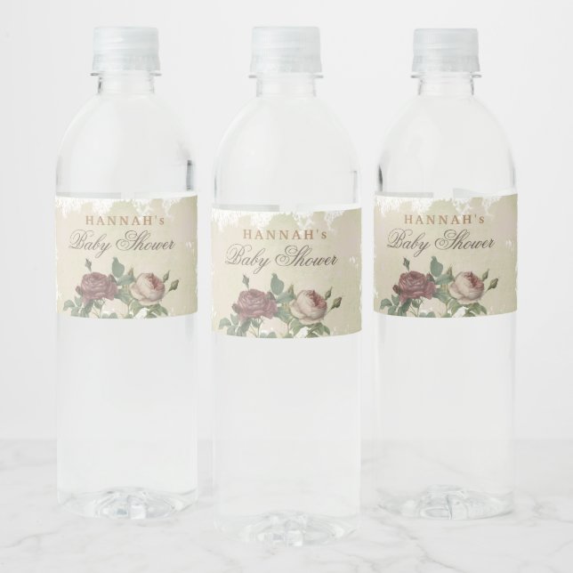 Rustic Floral Modern Baby Shower Burgundy Blush Water Bottle Label (Bottles)
