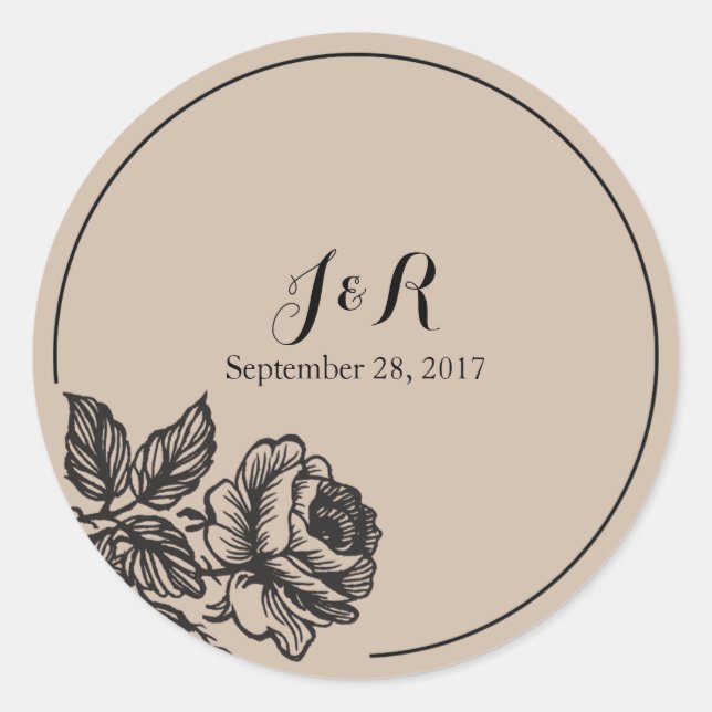 Rustic Floral Monogram Wedding Round Sticker (Front)
