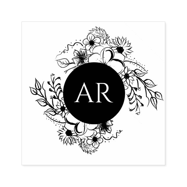Rustic Floral Monogram Wedding Rubber Stamp (Imprint)