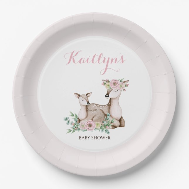 Rustic Floral Mummy and Baby Deer Baby Shower  Paper Plate (Front)