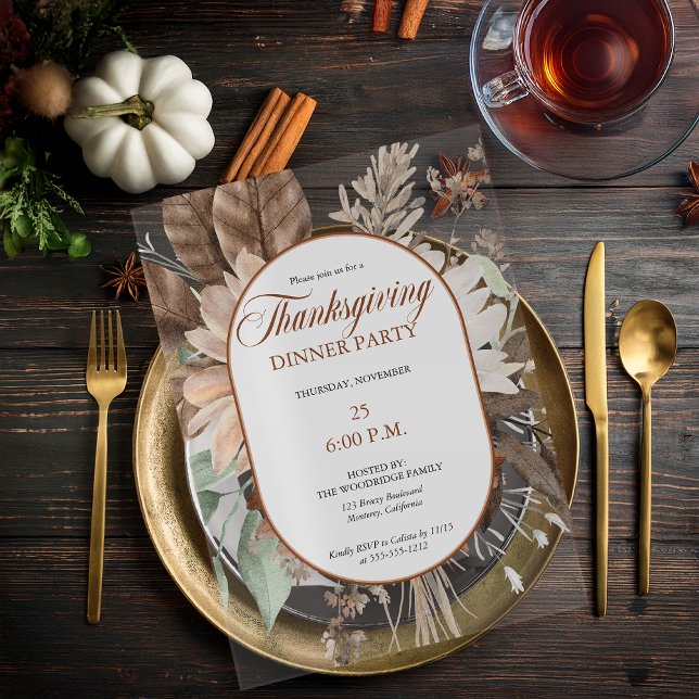 Rustic Floral Muted Tones Thanksgiving Dinner Acrylic Invitations (Elegant Muted Rustic Floral Thanksgiving Dinner Party Acrylic Invitation)