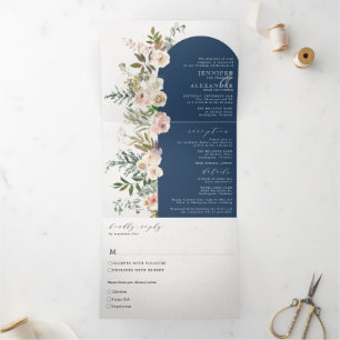 Rustic Floral Navy All in One Wedding Tri-Fold
