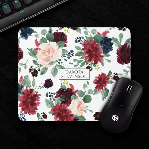 Rustic Floral   Navy and Burgundy Marsala Pattern Mouse Pad