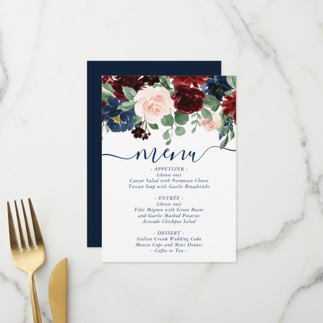Rustic Floral | Navy Blue Burgundy Red Bouquet Menu (Front/Back In Situ)