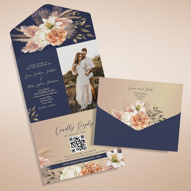 Rustic Floral Navy Blue Wedding All In One Invitation (Creator Uploaded)