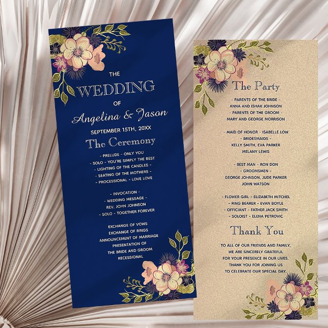 Rustic Floral Navy Blue Wedding Program Rack Card (Creator Uploaded)
