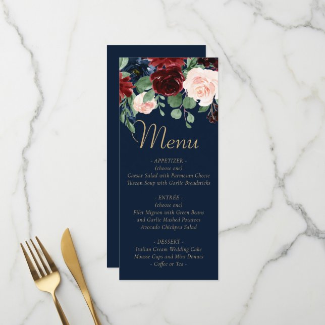 Rustic Floral | Navy Burgundy Blush Boho Chic Menu (Front/Back In Situ)