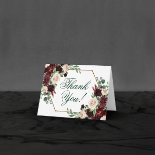 Rustic Floral Navy Burgundy Gold Geometric Frame Thank You Card