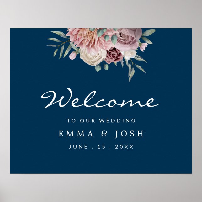 Rustic, Floral, Navy, Wedding Welcome Sign (Front)