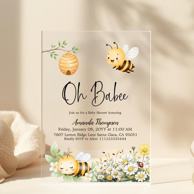 Rustic Floral Oh Babee Honey Bee Baby Shower Acrylic Invitations (Creator Uploaded)