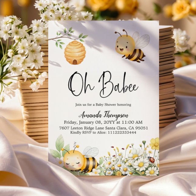 Rustic Floral Oh Babee Honey Bee Baby Shower Invitation (Creator Uploaded)