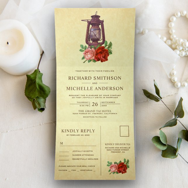 Rustic Floral Oil Lantern All in One Wedding Tri-Fold Invitation (Creator Uploaded)