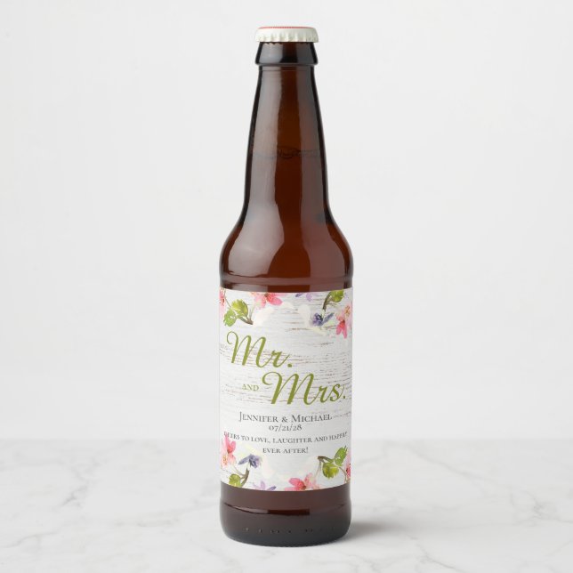 Rustic Floral on White Wood Beer Bottle Label (Front)
