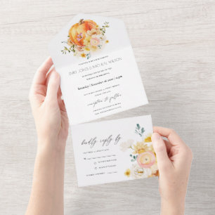 Rustic Floral Orange Autumn Pumpkin Wedding All In One Invitation